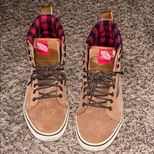 Vans Men’s Tan Suede High-Top Sneakers with Red Plaid Lining